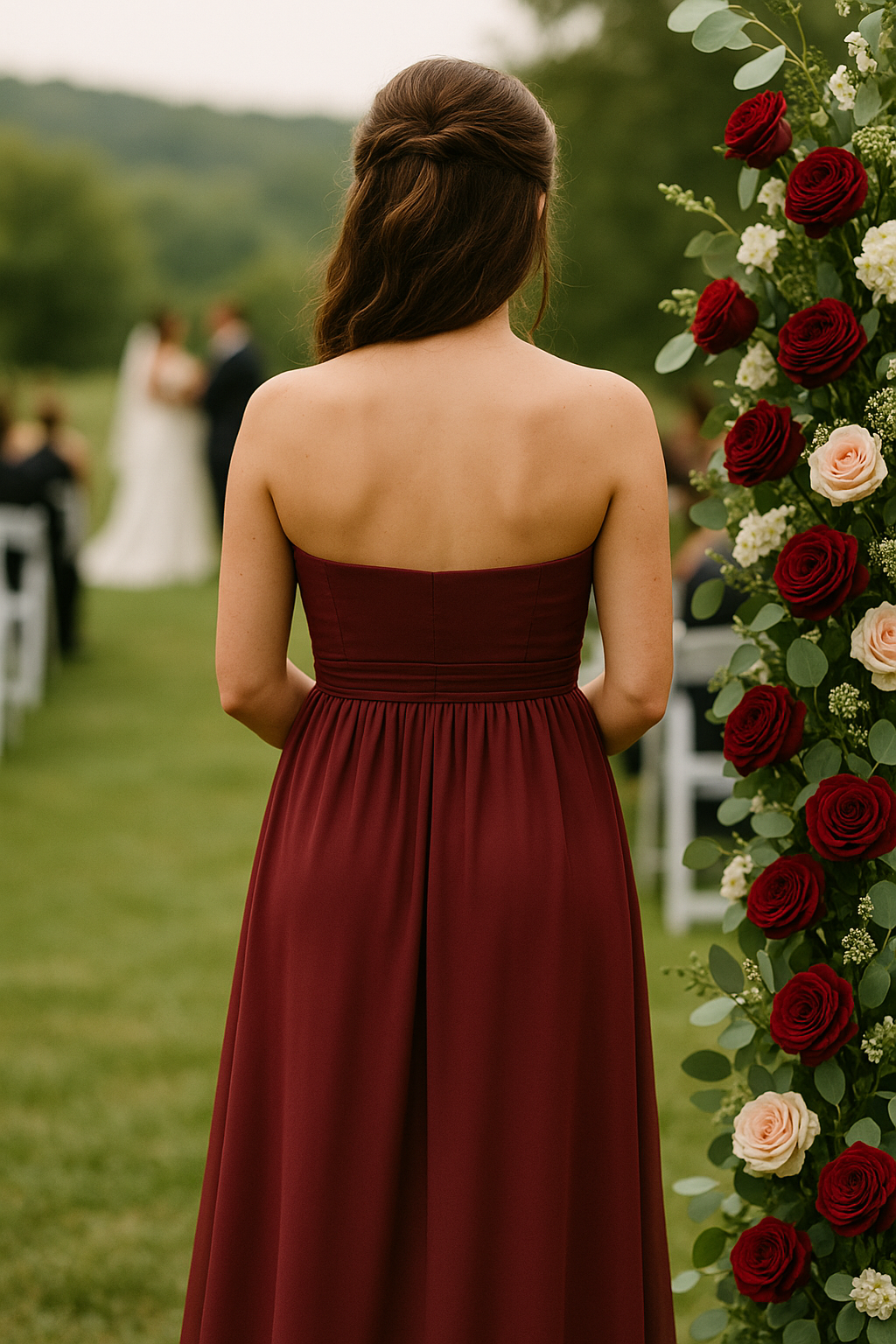 David’s Bridal Plum Strapless Bridesmaid Gown – Sweetheart Chiffon Maxi