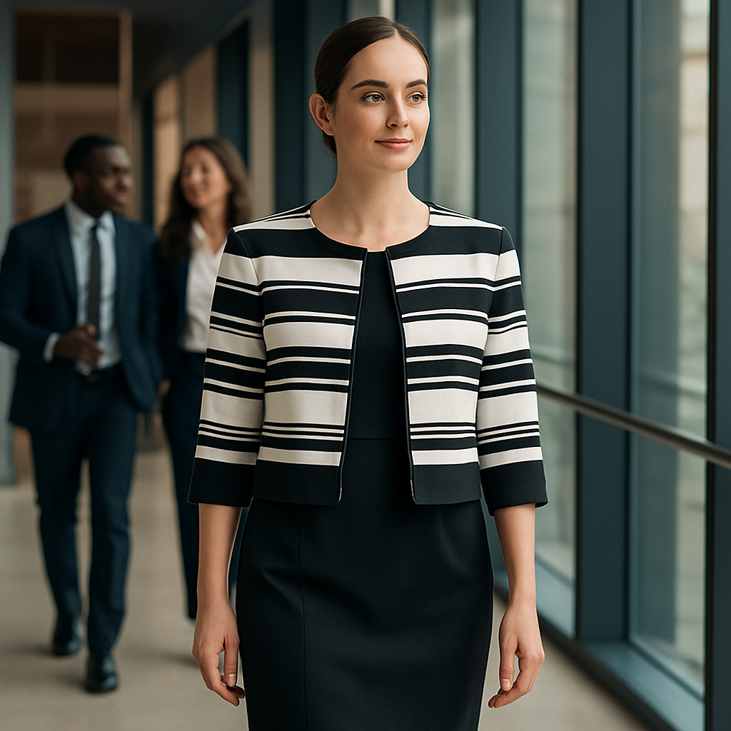 🖤🤍 Signature by Robbie Bee Striped Jacket & Black Sheath Dress Set | Power Workwear