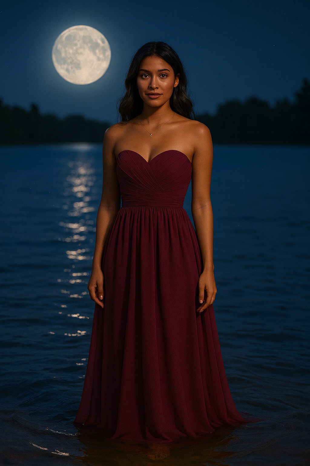 David’s Bridal Plum Strapless Bridesmaid Gown – Sweetheart Chiffon Maxi