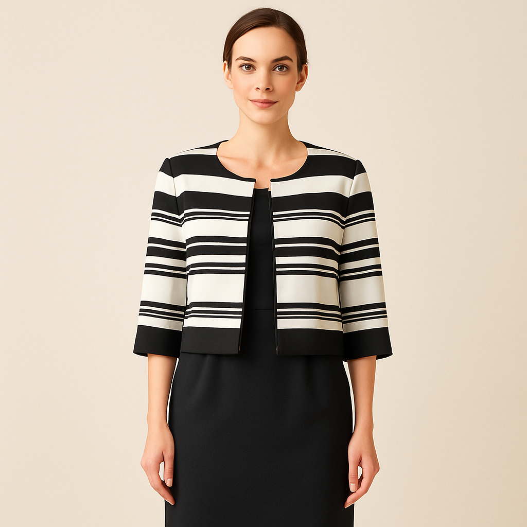 🖤🤍 Signature by Robbie Bee Striped Jacket & Black Sheath Dress Set | Power Workwear