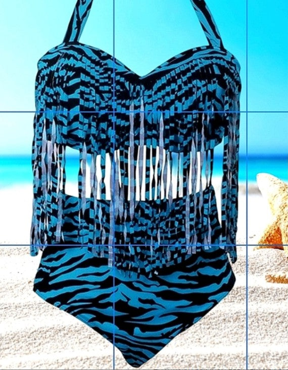 UNIQUE STYLISH PLUS SIZE TWO PIECE TIGER ANIMAL PRINT TEAL BLUE AND BLACK STRIPED SWIMSUIT FRINGE NWOT
