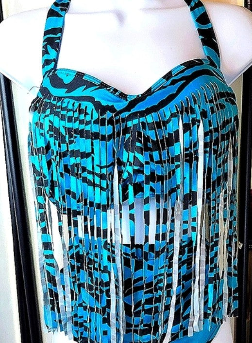 UNIQUE STYLISH PLUS SIZE TWO PIECE TIGER ANIMAL PRINT TEAL BLUE AND BLACK STRIPED SWIMSUIT FRINGE NWOT
