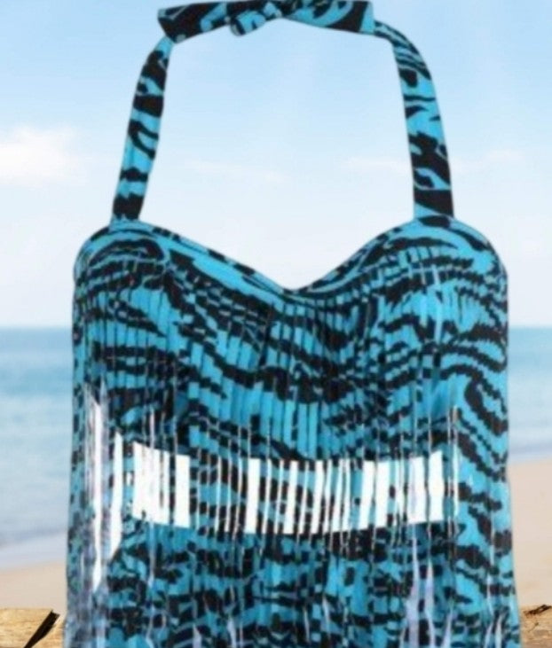 UNIQUE STYLISH PLUS SIZE TWO PIECE TIGER ANIMAL PRINT TEAL BLUE AND BLACK STRIPED SWIMSUIT FRINGE NWOT