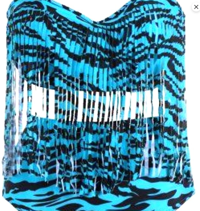UNIQUE STYLISH PLUS SIZE TWO PIECE TIGER ANIMAL PRINT TEAL BLUE AND BLACK STRIPED SWIMSUIT FRINGE NWOT