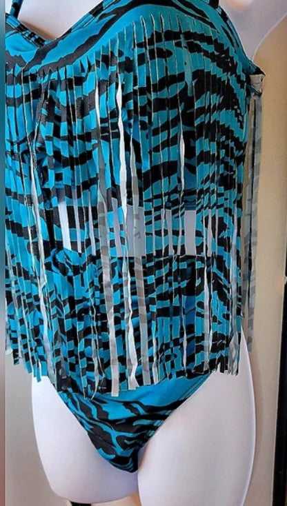 UNIQUE STYLISH PLUS SIZE TWO PIECE TIGER ANIMAL PRINT TEAL BLUE AND BLACK STRIPED SWIMSUIT FRINGE NWOT