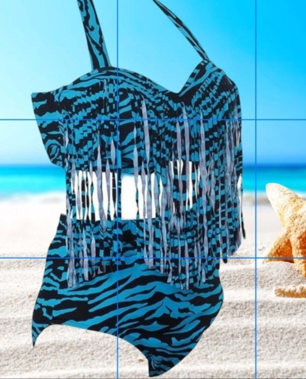 UNIQUE STYLISH PLUS SIZE TWO PIECE TIGER ANIMAL PRINT TEAL BLUE AND BLACK STRIPED SWIMSUIT FRINGE NWOT