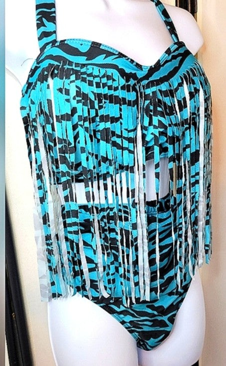 UNIQUE STYLISH PLUS SIZE TWO PIECE TIGER ANIMAL PRINT TEAL BLUE AND BLACK STRIPED SWIMSUIT FRINGE NWOT