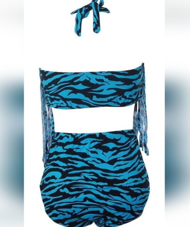 UNIQUE STYLISH PLUS SIZE TWO PIECE TIGER ANIMAL PRINT TEAL BLUE AND BLACK STRIPED SWIMSUIT FRINGE NWOT