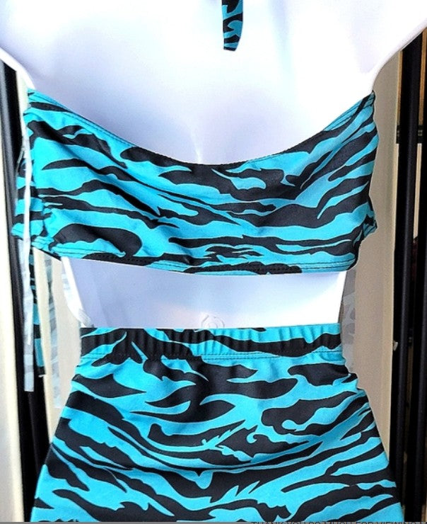 UNIQUE STYLISH PLUS SIZE TWO PIECE TIGER ANIMAL PRINT TEAL BLUE AND BLACK STRIPED SWIMSUIT FRINGE NWOT