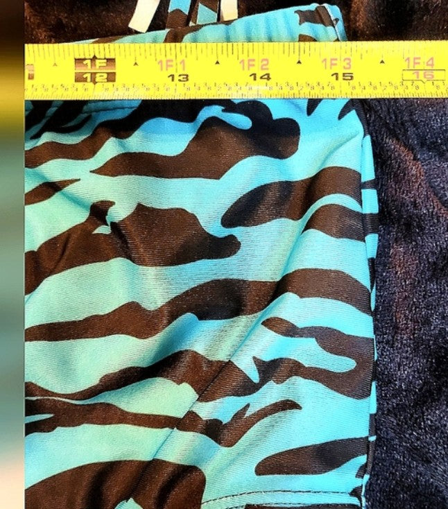 UNIQUE STYLISH PLUS SIZE TWO PIECE TIGER ANIMAL PRINT TEAL BLUE AND BLACK STRIPED SWIMSUIT FRINGE NWOT