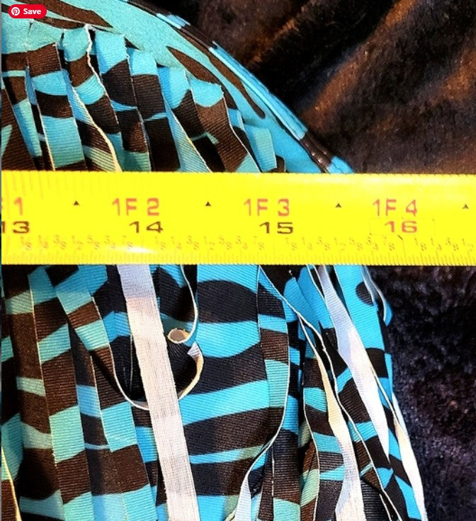 UNIQUE STYLISH PLUS SIZE TWO PIECE TIGER ANIMAL PRINT TEAL BLUE AND BLACK STRIPED SWIMSUIT FRINGE NWOT