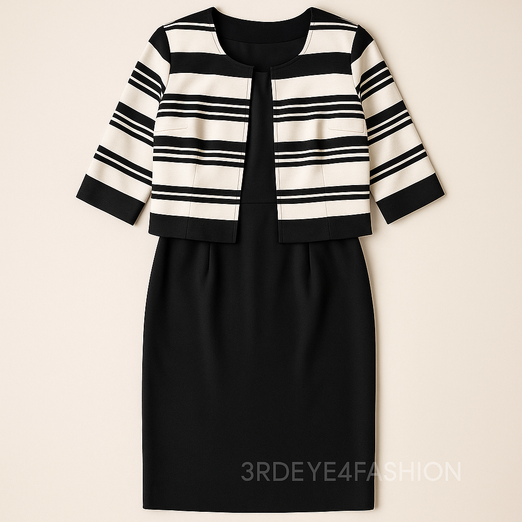 🖤🤍 Signature by Robbie Bee Striped Jacket & Black Sheath Dress Set | Power Workwear
