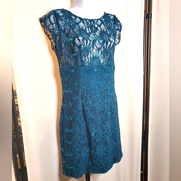🌊✨ Teal Lace Sequin Cocktail Mini Dress | Sheer Bodice | V-Back Zip ✨🌊