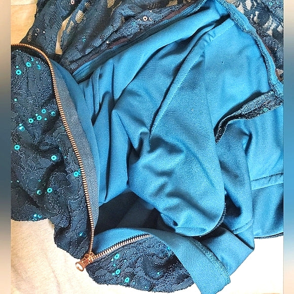 🌊✨ Teal Lace Sequin Cocktail Mini Dress | Sheer Bodice | V-Back Zip ✨🌊