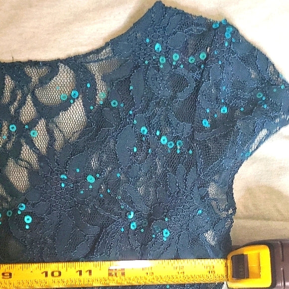 🌊✨ Teal Lace Sequin Cocktail Mini Dress | Sheer Bodice | V-Back Zip ✨🌊