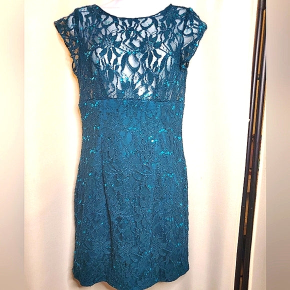 🌊✨ Teal Lace Sequin Cocktail Mini Dress | Sheer Bodice | V-Back Zip ✨🌊
