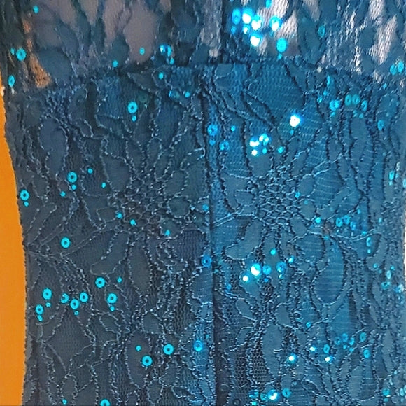 🌊✨ Teal Lace Sequin Cocktail Mini Dress | Sheer Bodice | V-Back Zip ✨🌊