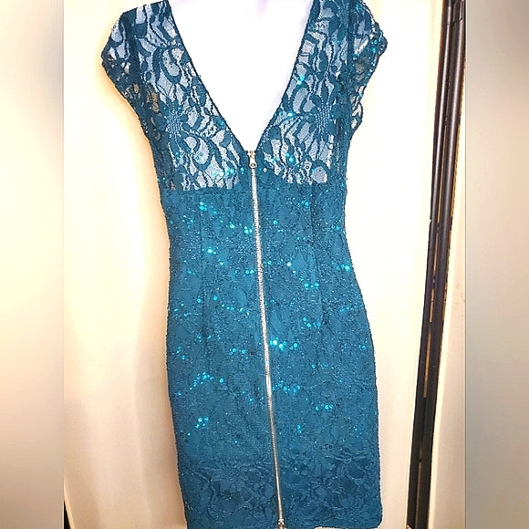 🌊✨ Teal Lace Sequin Cocktail Mini Dress | Sheer Bodice | V-Back Zip ✨🌊