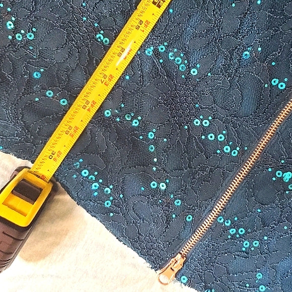 🌊✨ Teal Lace Sequin Cocktail Mini Dress | Sheer Bodice | V-Back Zip ✨🌊