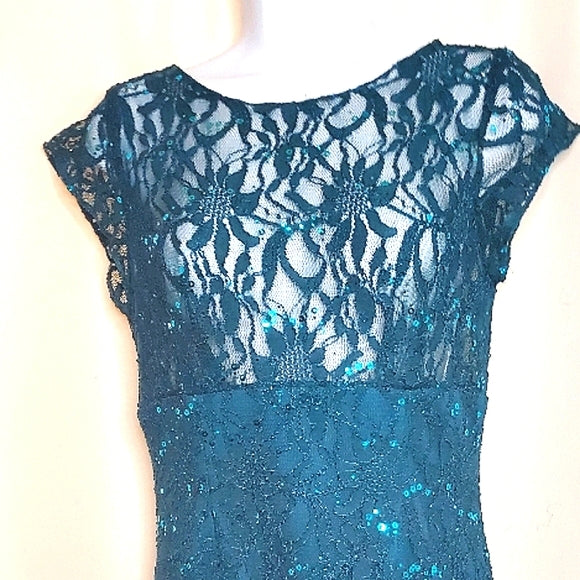 🌊✨ Teal Lace Sequin Cocktail Mini Dress | Sheer Bodice | V-Back Zip ✨🌊