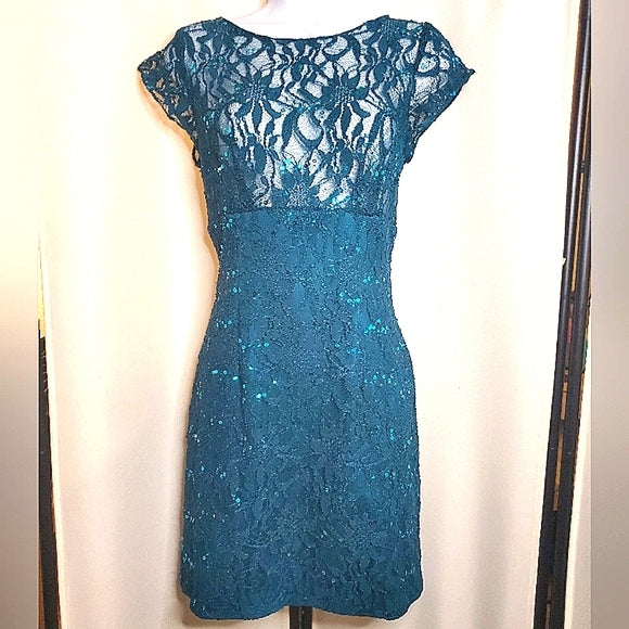 🌊✨ Teal Lace Sequin Cocktail Mini Dress | Sheer Bodice | V-Back Zip ✨🌊