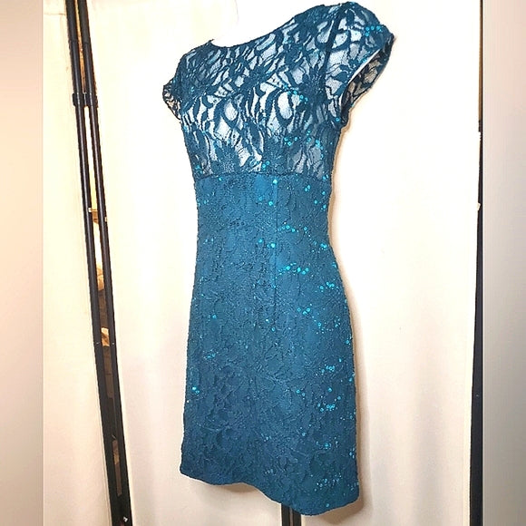 🌊✨ Teal Lace Sequin Cocktail Mini Dress | Sheer Bodice | V-Back Zip ✨🌊