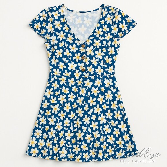 Fortune + Ivy Blue Floral V-Neck Fit & Flare Dress | Cottagecore