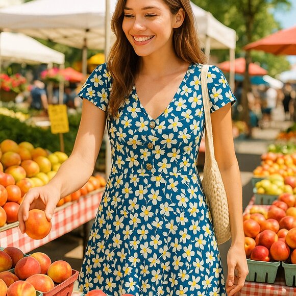 Fortune + Ivy Blue Floral V-Neck Fit & Flare Dress | Cottagecore