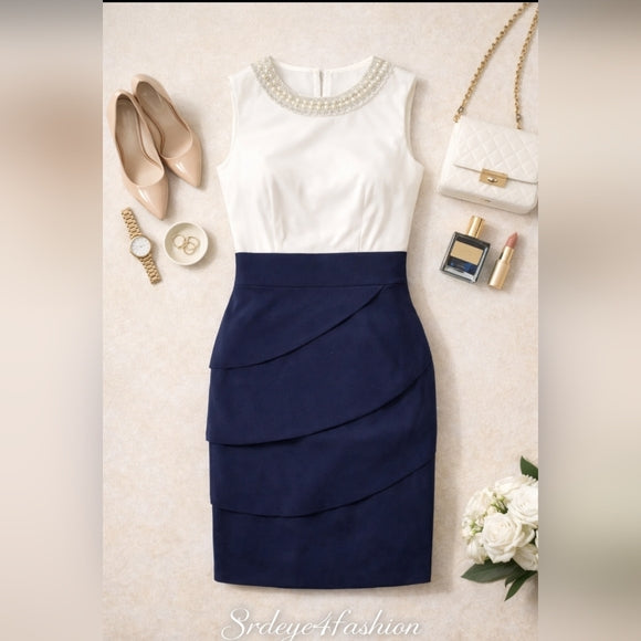 SIGNATURE SANRINA ✨ Navy & White Beaded Sheath Dress | Office Chic Mini 👗💼
