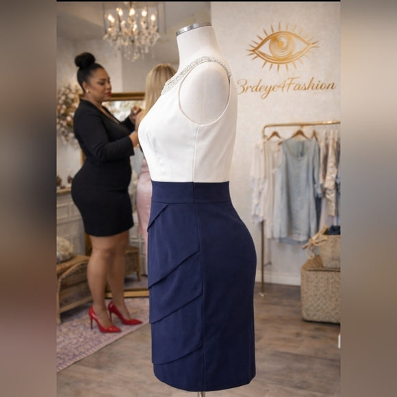 SIGNATURE SANRINA ✨ Navy & White Beaded Sheath Dress | Office Chic Mini 👗💼