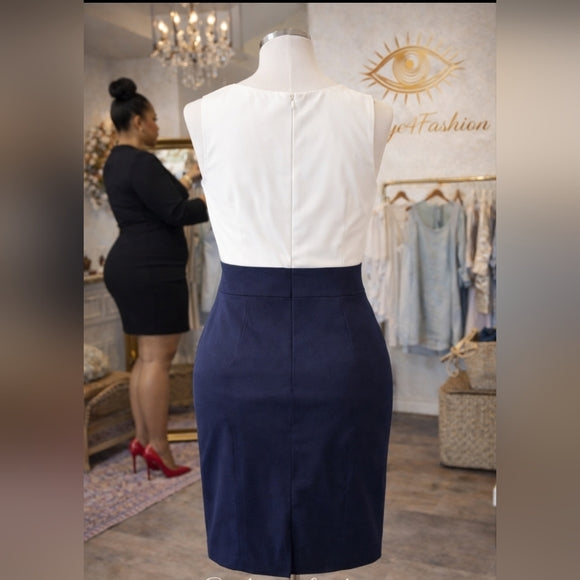 SIGNATURE SANRINA ✨ Navy & White Beaded Sheath Dress | Office Chic Mini 👗💼