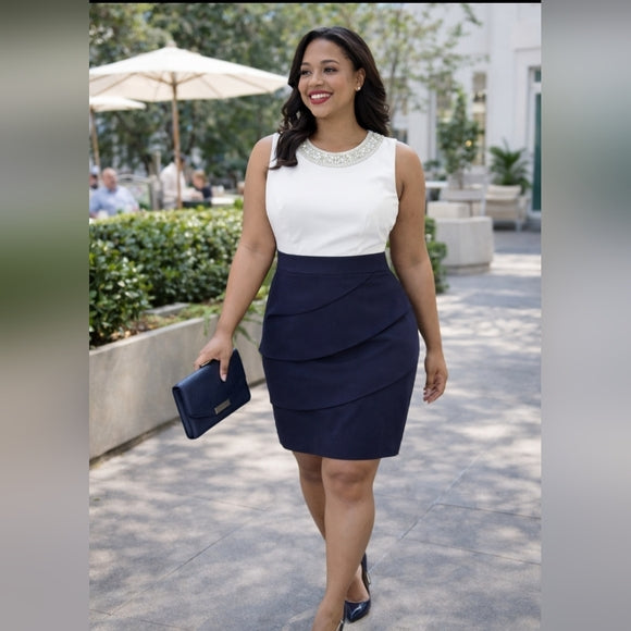 SIGNATURE SANRINA ✨ Navy & White Beaded Sheath Dress | Office Chic Mini 👗💼