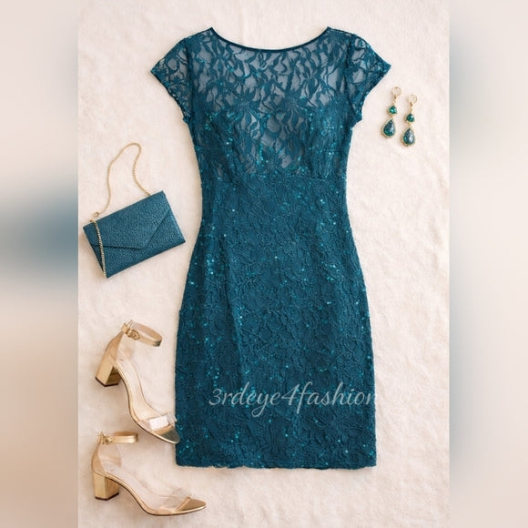 🌊✨ Teal Lace Sequin Cocktail Mini Dress | Sheer Bodice | V-Back Zip ✨🌊