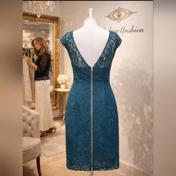 🌊✨ Teal Lace Sequin Cocktail Mini Dress | Sheer Bodice | V-Back Zip ✨🌊