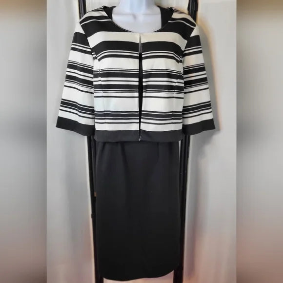 🖤🤍 Signature by Robbie Bee Striped Jacket & Black Sheath Dress Set | Power Workwear