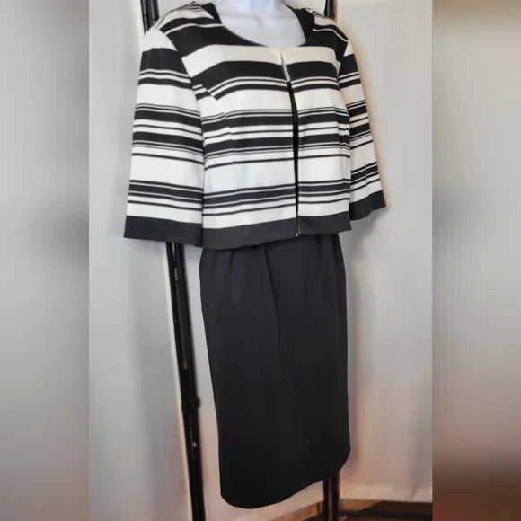 🖤🤍 Signature by Robbie Bee Striped Jacket & Black Sheath Dress Set | Power Workwear