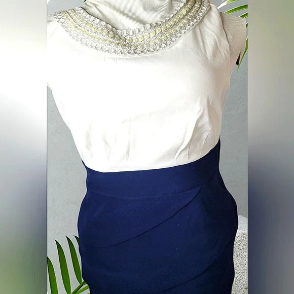 SIGNATURE SANRINA ✨ Navy & White Beaded Sheath Dress | Office Chic Mini 👗💼