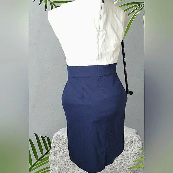 SIGNATURE SANRINA ✨ Navy & White Beaded Sheath Dress | Office Chic Mini 👗💼