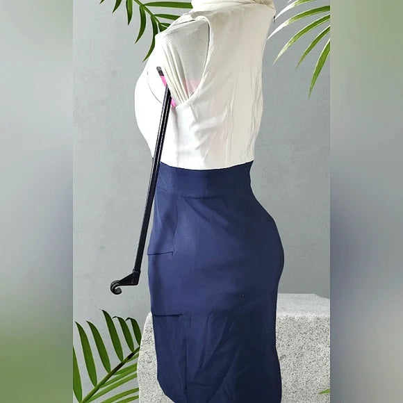 SIGNATURE SANRINA ✨ Navy & White Beaded Sheath Dress | Office Chic Mini 👗💼