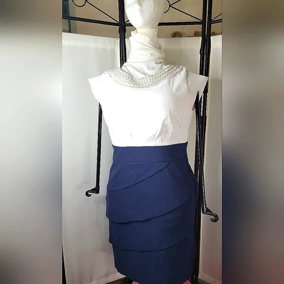 SIGNATURE SANRINA ✨ Navy & White Beaded Sheath Dress | Office Chic Mini 👗💼