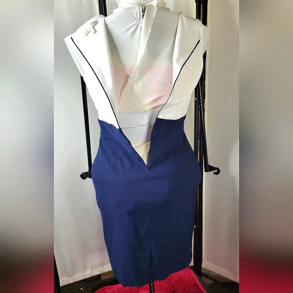 SIGNATURE SANRINA ✨ Navy & White Beaded Sheath Dress | Office Chic Mini 👗💼