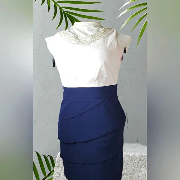 SIGNATURE SANRINA ✨ Navy & White Beaded Sheath Dress | Office Chic Mini 👗💼