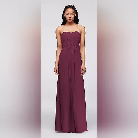 David’s Bridal Plum Strapless Bridesmaid Gown – Sweetheart Chiffon Maxi