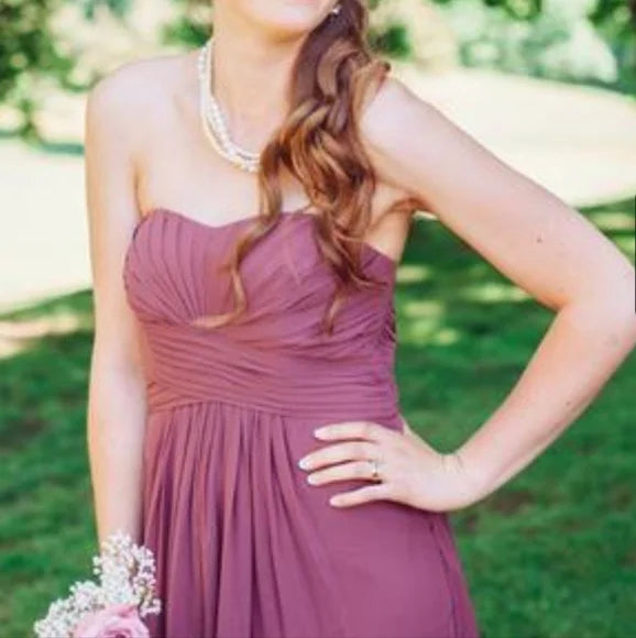 David’s Bridal Plum Strapless Bridesmaid Gown – Sweetheart Chiffon Maxi