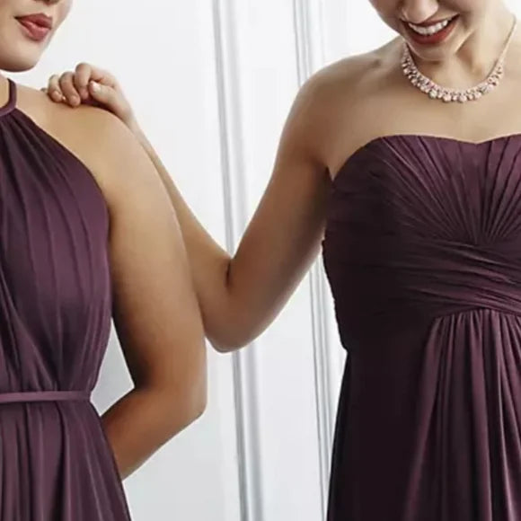 David’s Bridal Plum Strapless Bridesmaid Gown – Sweetheart Chiffon Maxi
