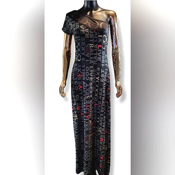 90s ✨ COOGI Australia One Shoulder Logo Maxi Dress Size M ✨